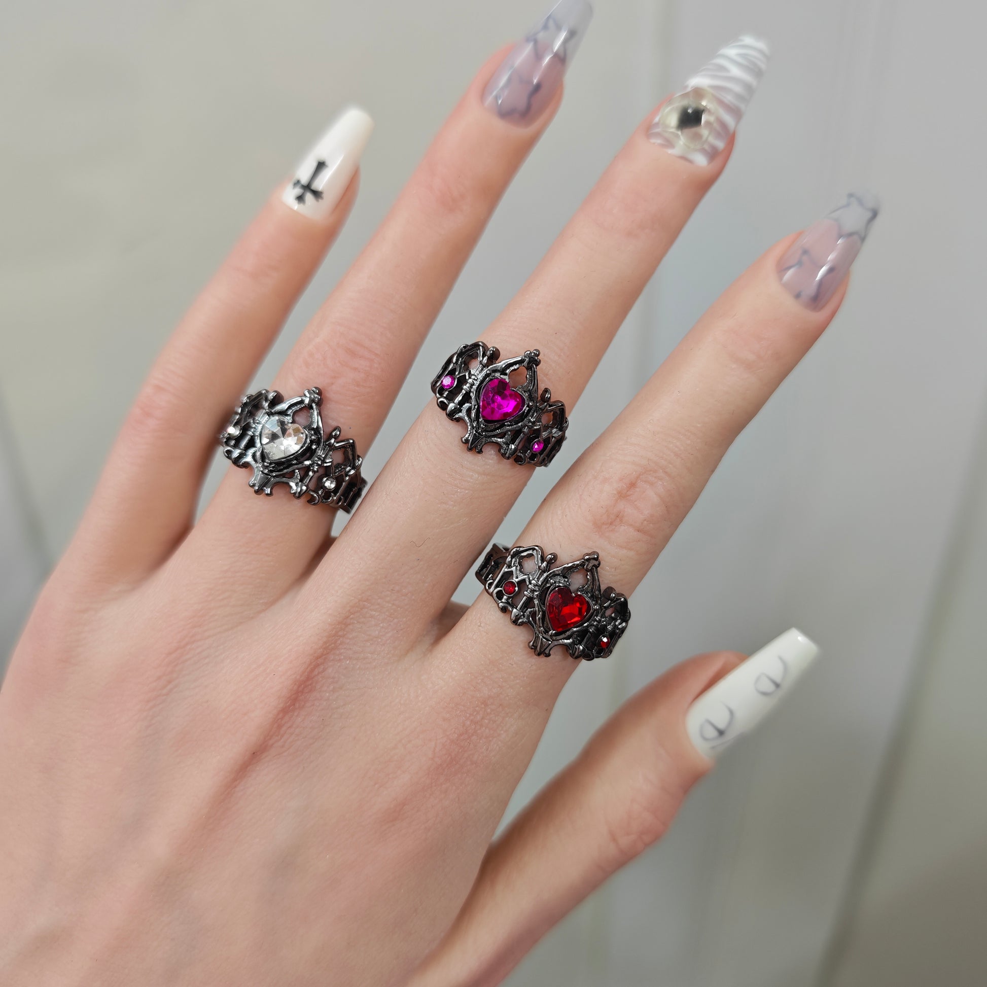 Gothic Heart Crown Ring in open black velvet jewelry box, angled view