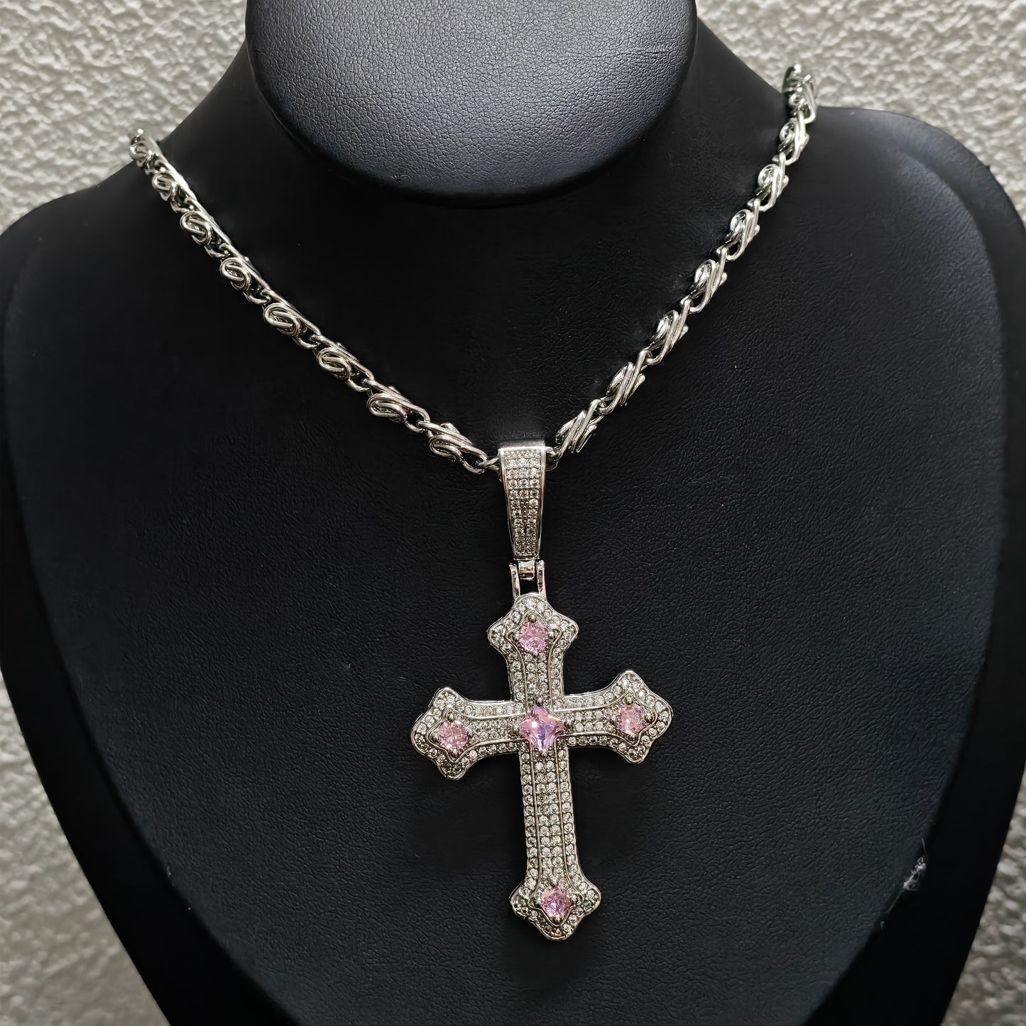 Gothic Cross Necklace detail view 3, dark pink finish gothic dark aesthetic