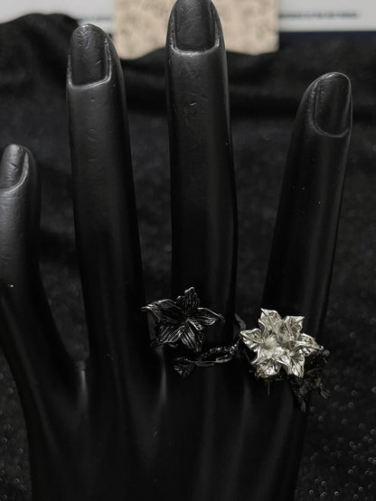 Black Rose Ring Set | Gothic Floral Stacking Rings | Dark Romantic Jewelry | Adjustable Open Band