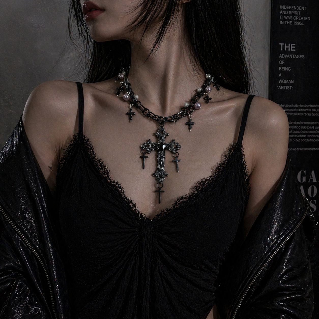Gothic Cross Pearl Necklace side view detail, gothic dark aesthetic