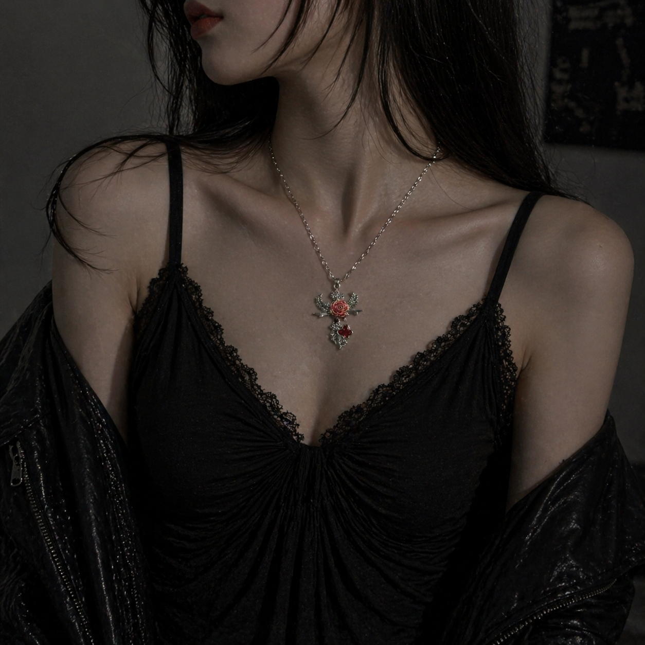 Angel Rose & Pink Crescent Moon Necklace Set on mannequin bust, front view close-up