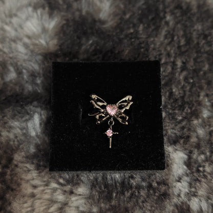 Pink Flutter Duo: Adjustable Butterfly Heart & Crystal Stacking Rings