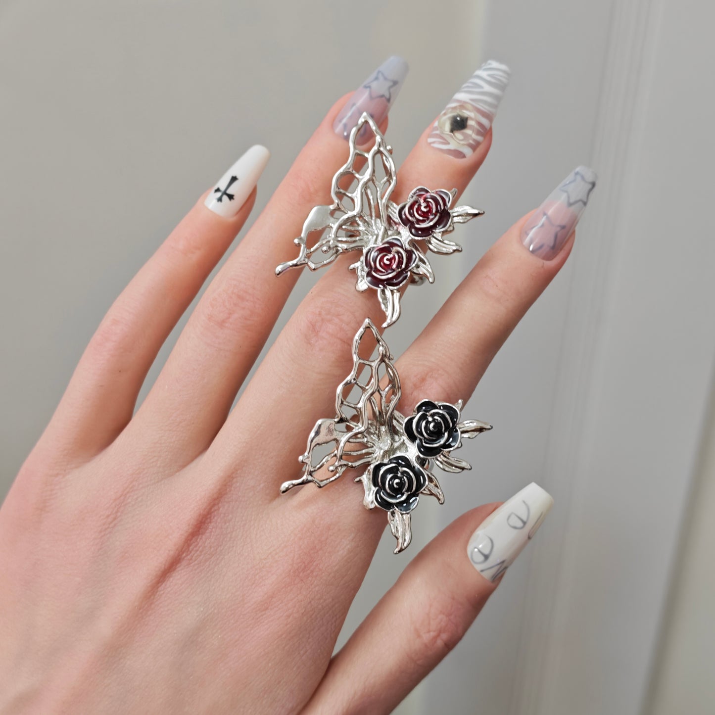 Butterfly Rose Ring detail view 1, silver finish alternative dark aesthetic