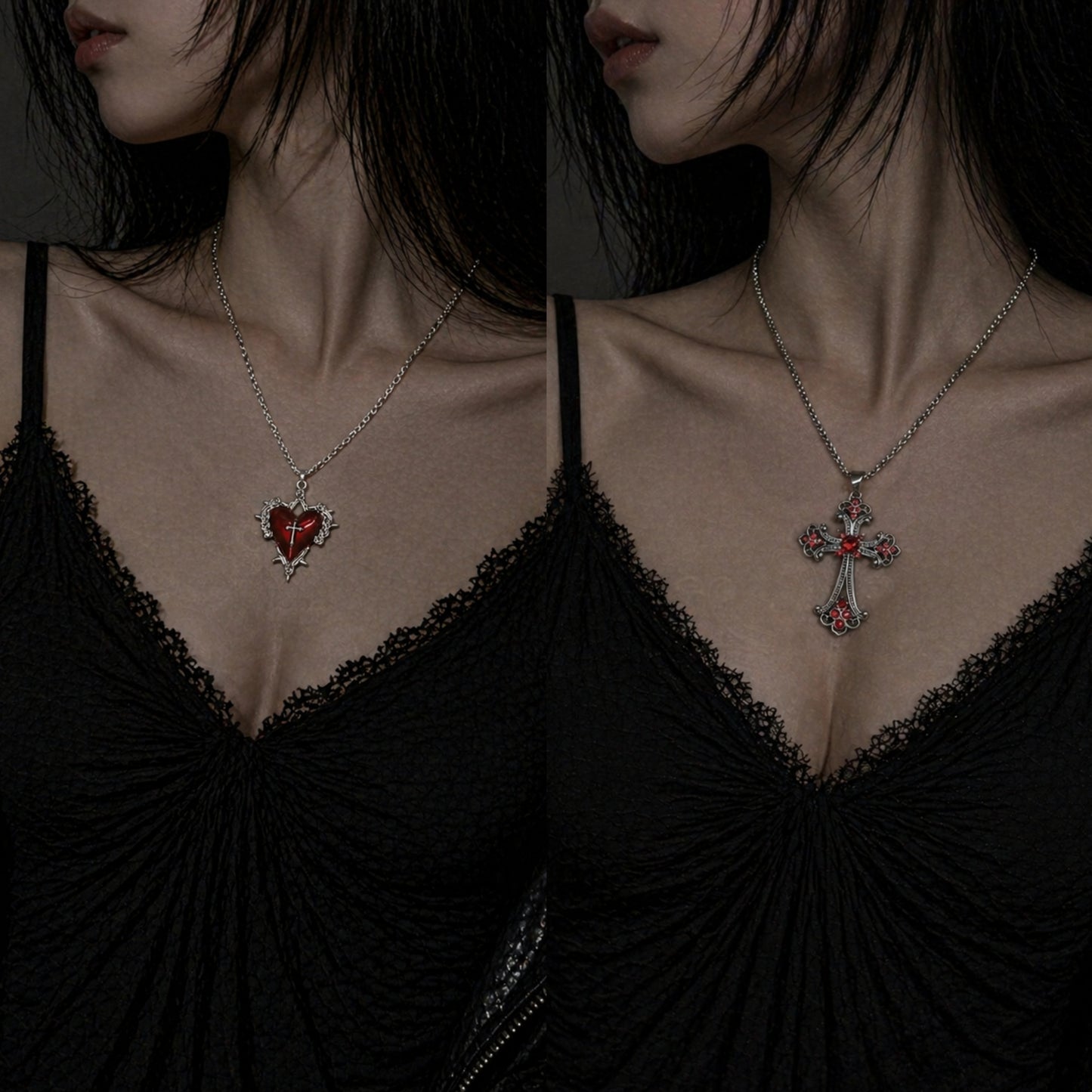 Filigree Cross & Sacred Heart Necklace Set worn around neck, dark moody background – Aslop Treasure