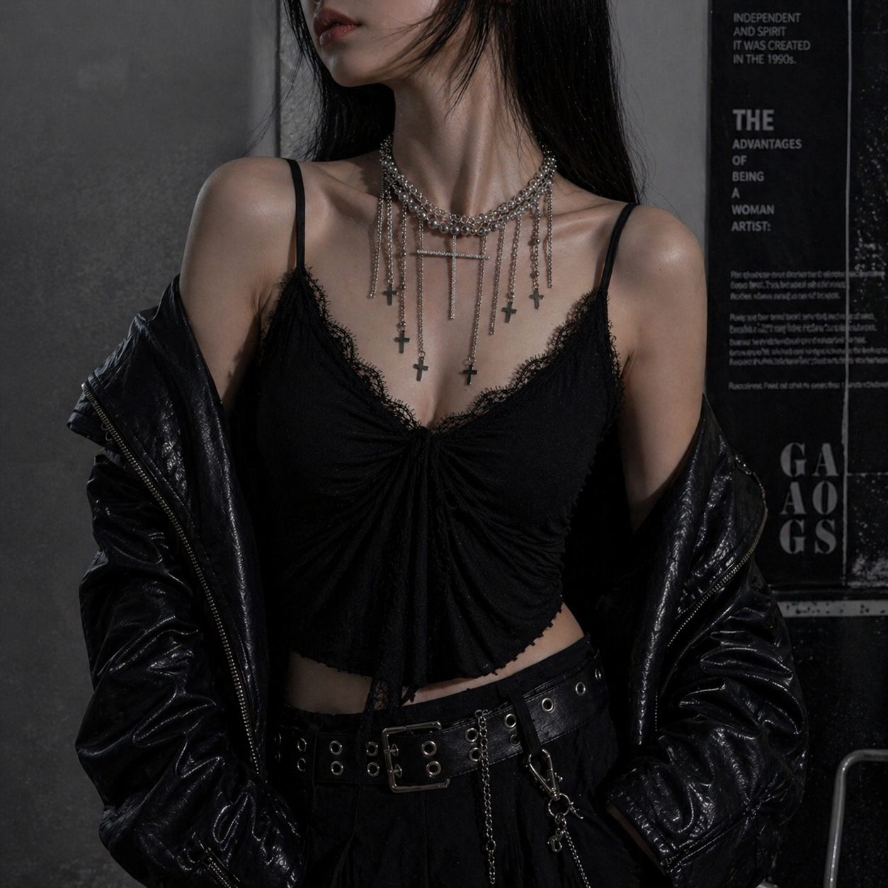 Crystal Cross Tassel Necklace worn around neck, dark moody background – Aslop Treasure