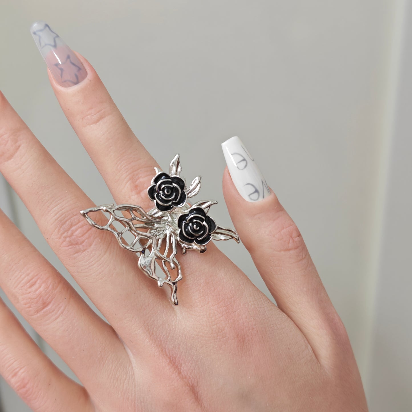 Butterfly Rose Ring detail view 5, silver finish alternative dark aesthetic