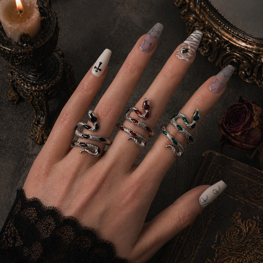 Gothic Snake Ring & Band Set worn on finger, dark moody background – Aslop Treasure