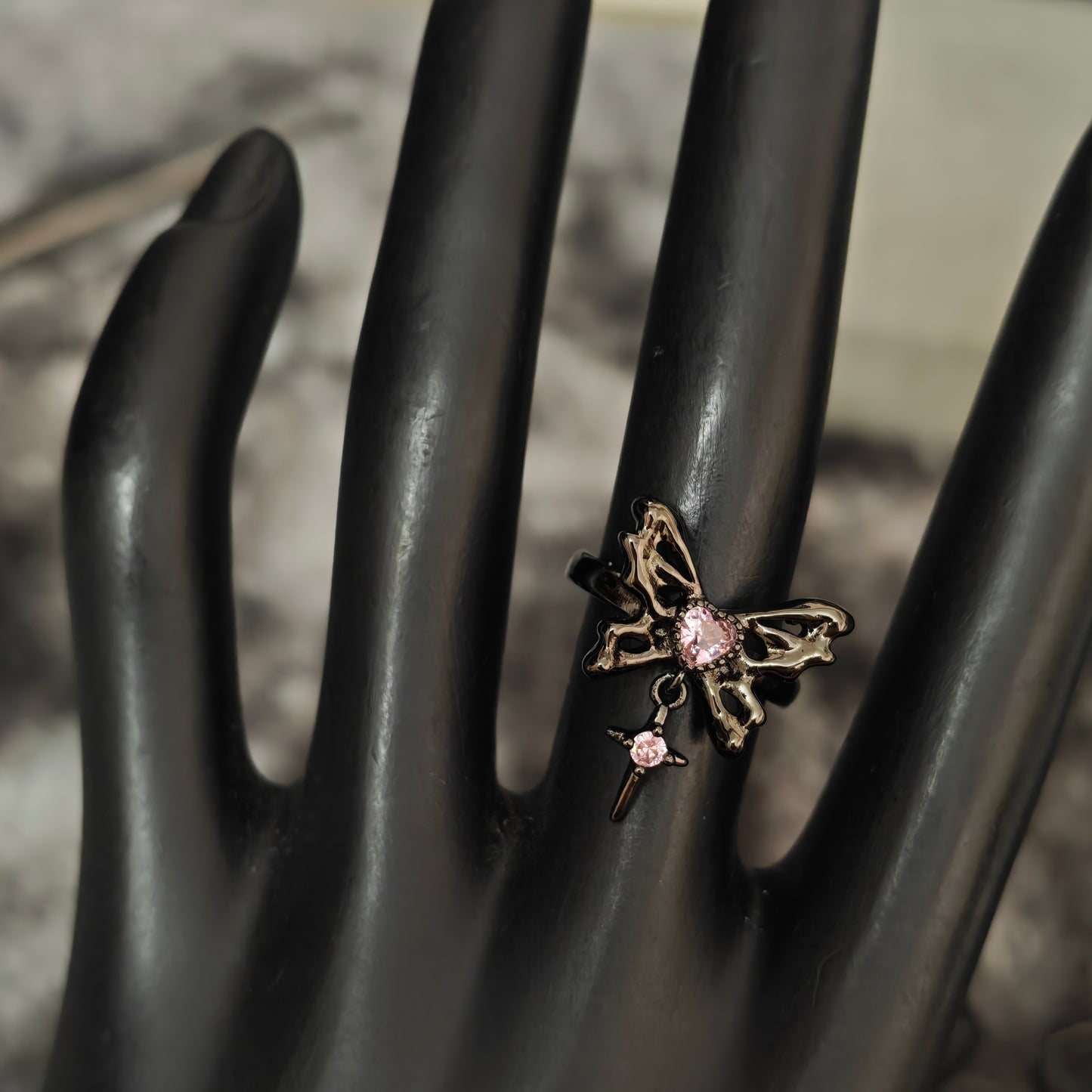 Pink Flutter Duo: Adjustable Butterfly Heart & Crystal Stacking Rings