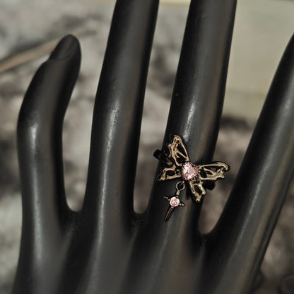 Pink Flutter Duo: Adjustable Butterfly Heart & Crystal Stacking Rings