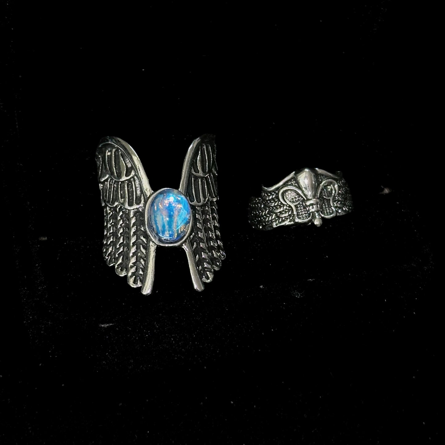Guardian of the Dark Fallen Angel Wing Ring Set detail view 1, dark finish gothic dark aesthetic