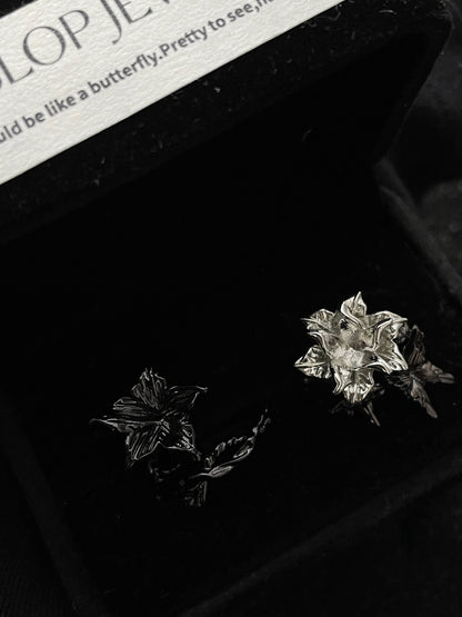 Black Rose Ring Set | Gothic Floral Stacking Rings | Dark Romantic Jewelry | Adjustable Open Band