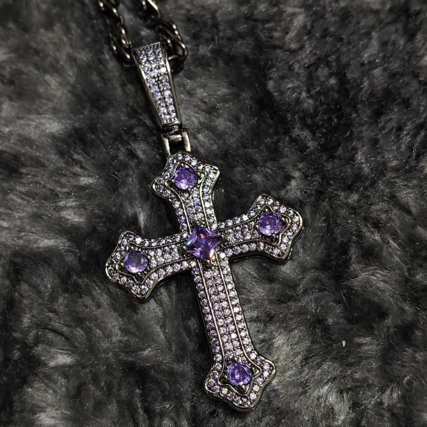 Gothic Cross Necklace in open Aslop Jewelry white gift box, angled view
