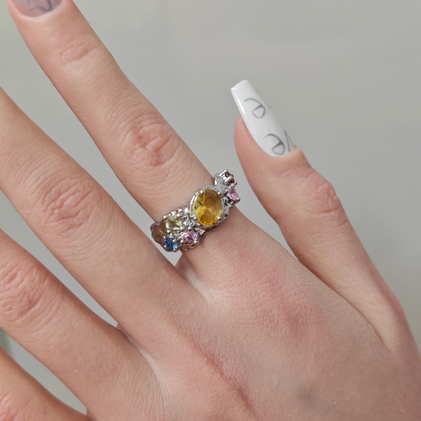 Colorful Zircon Claw Ring detail view 4, silver finish alternative dark aesthetic