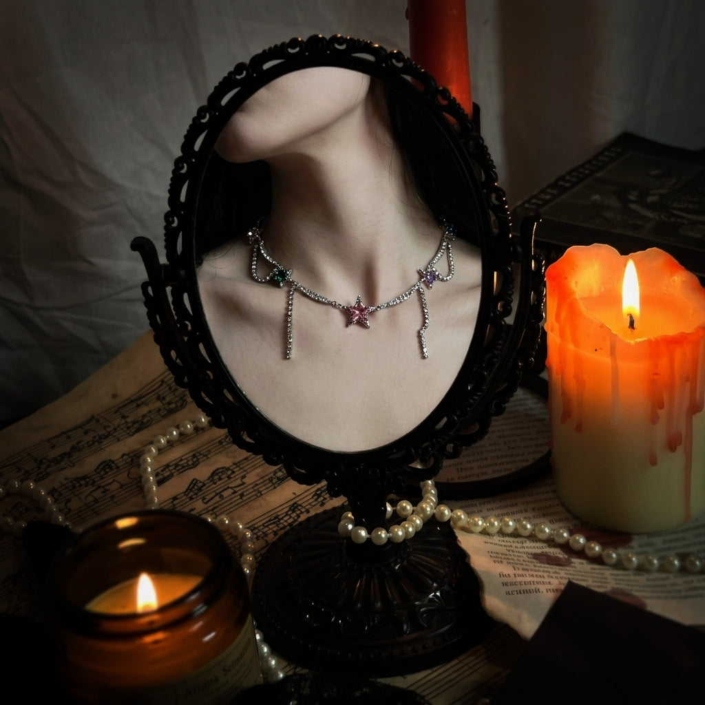 Y2K Star Rhinestone Choker Necklace - Fairy Grunge Jewelry in open Aslop Jewelry white gift box, angled view