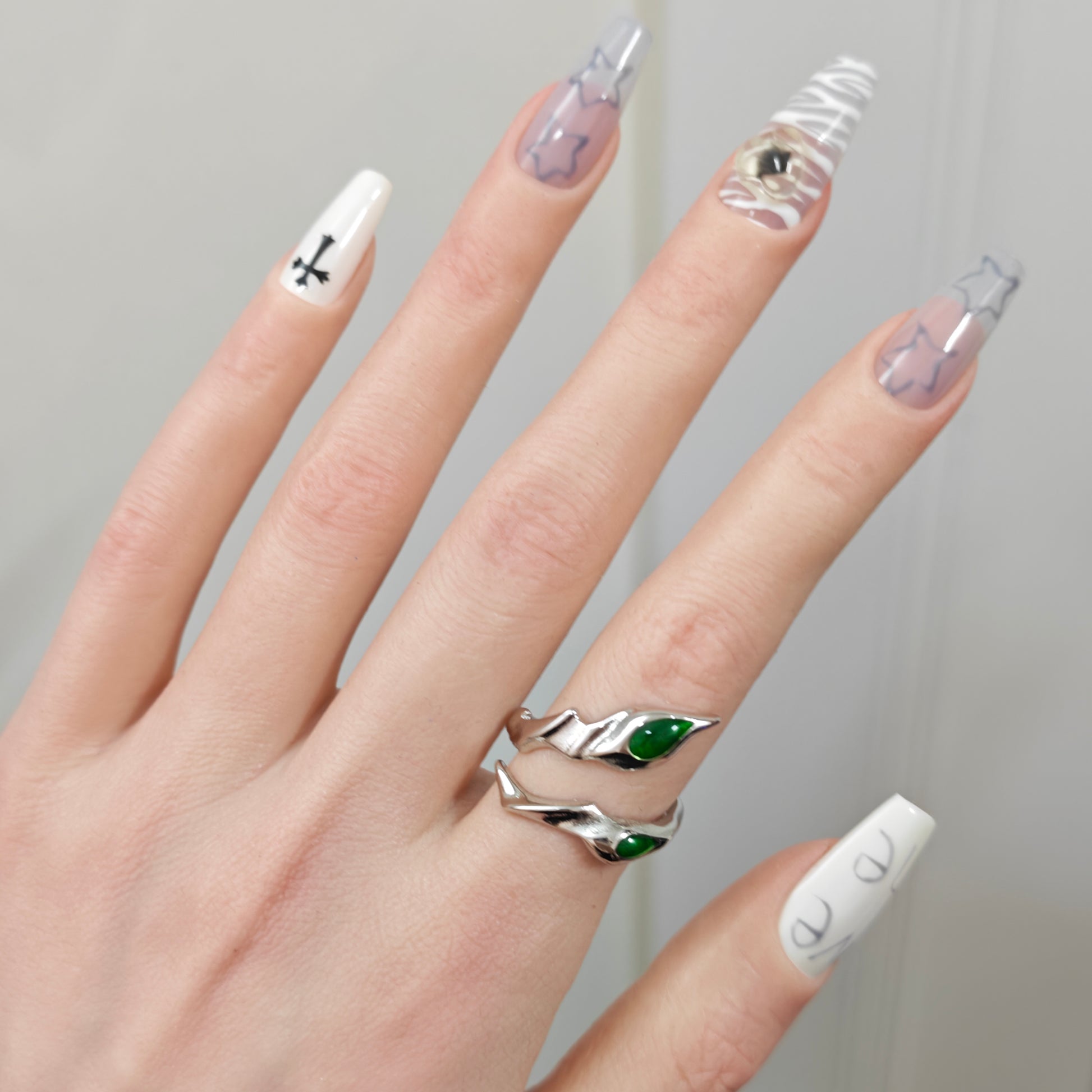 Green Jade Leaf Ring in open Aslop Jewelry white gift box, angled view