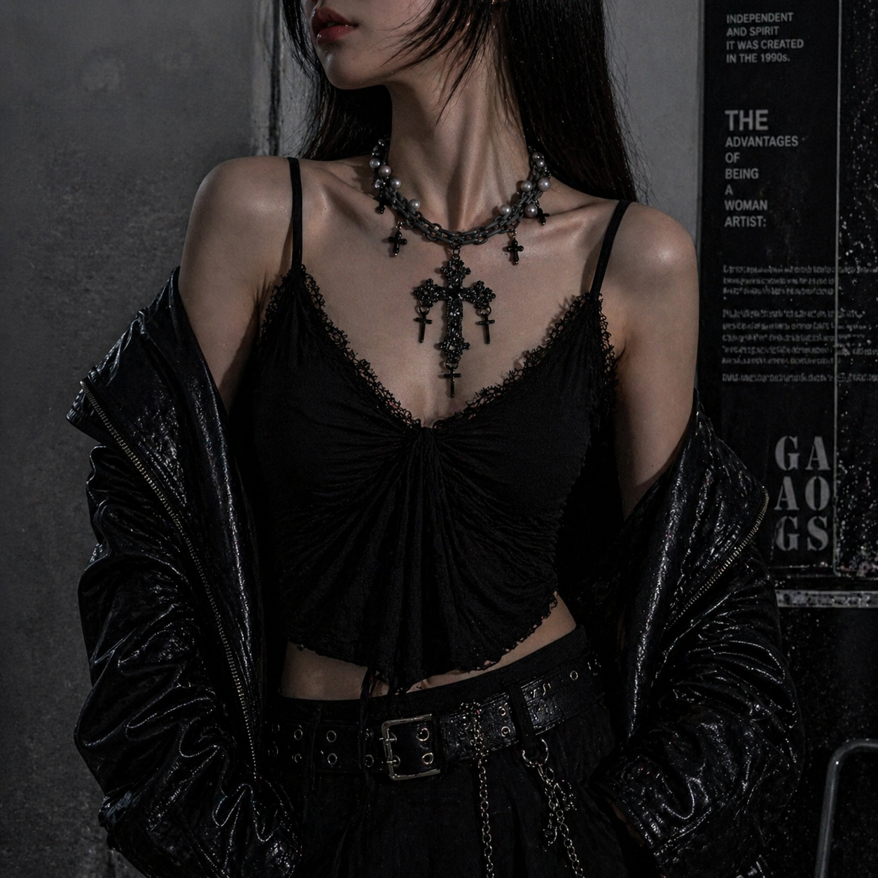 Gothic Cross Pearl Necklace worn around neck, dark moody background – Aslop Treasure