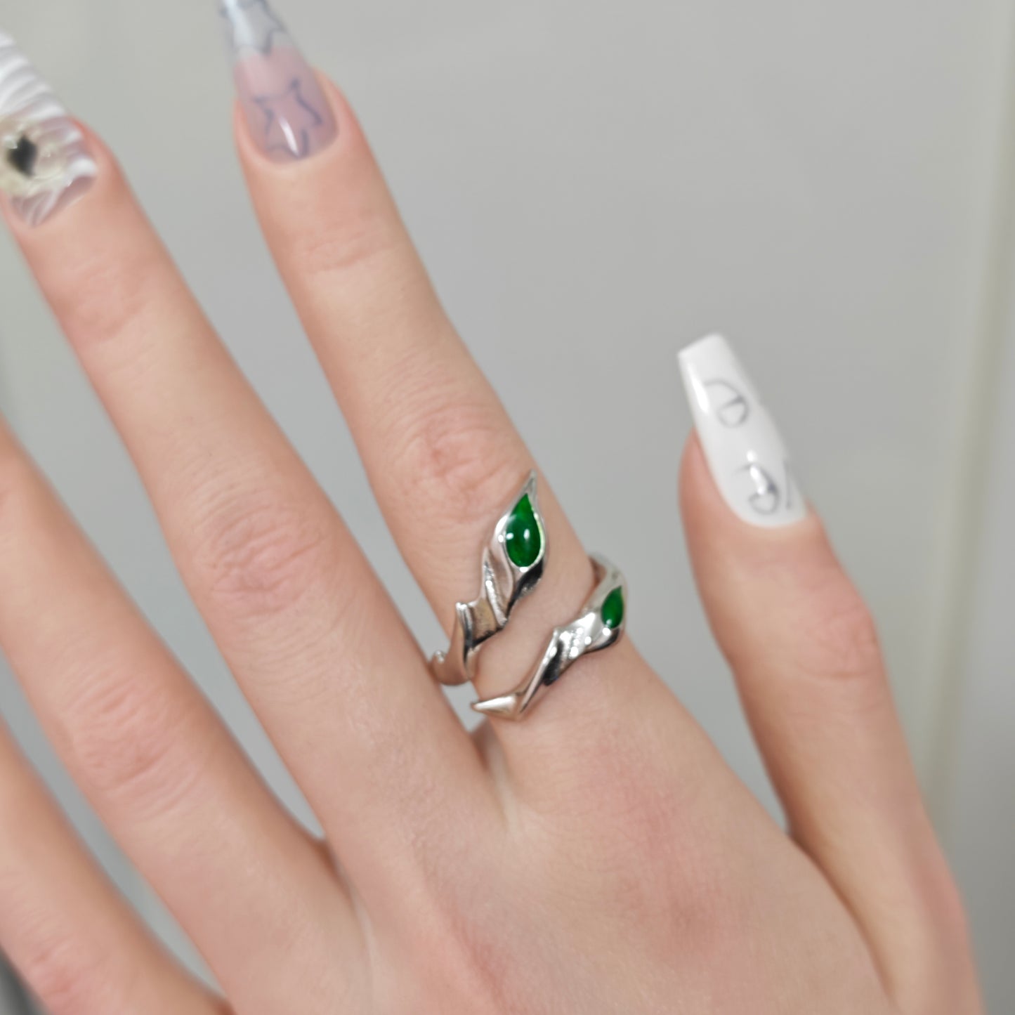 Green Jade Leaf Ring close-up detail view showing green finish
