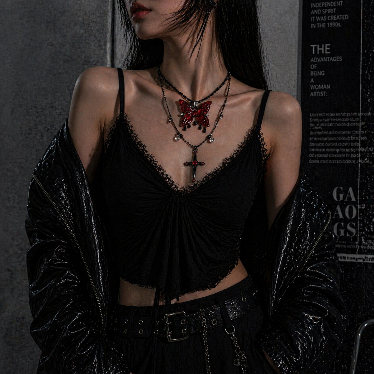 Blood Rose Butterfly & Gothic Cross Necklace worn around neck, dark moody background – Aslop Treasure