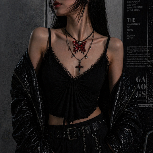 Blood Rose Butterfly & Gothic Cross Necklace worn around neck, dark moody background – Aslop Treasure