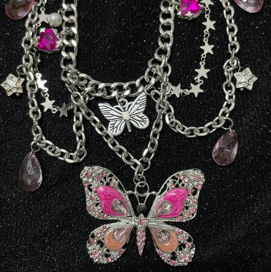 Pink Butterfly Charm Necklace – Y2K Layered Silver Chain with Crystal & Star Details