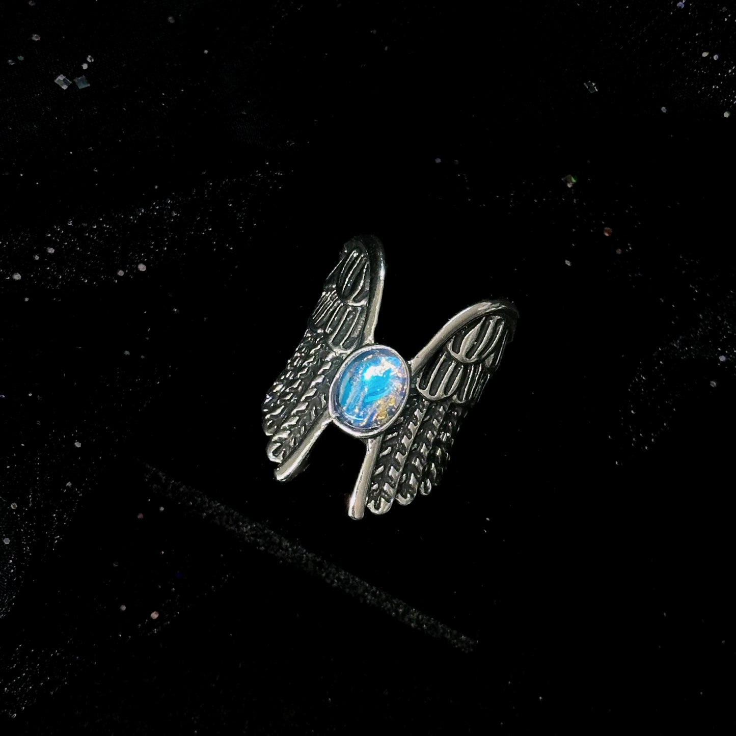 Guardian of the Dark Fallen Angel Wing Ring Set close-up detail view showing dark finish