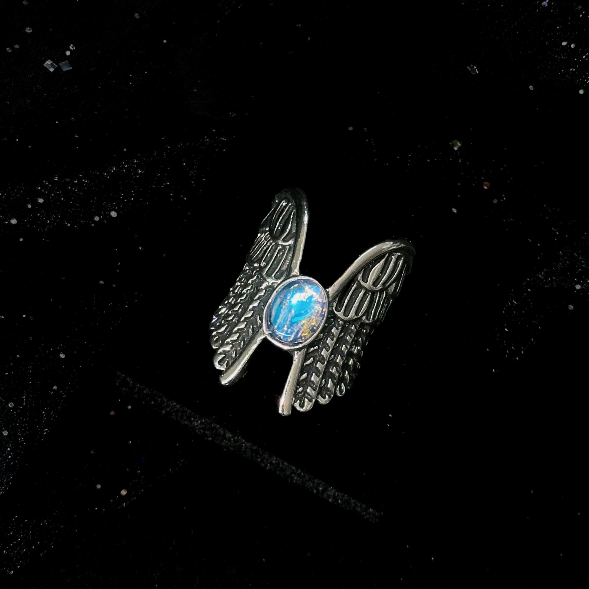 Guardian of the Dark Fallen Angel Wing Ring Set close-up detail view showing dark finish