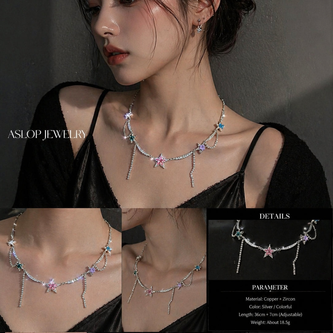 Y2K Star Rhinestone Choker Necklace - Fairy Grunge Jewelry on mannequin bust, front view close-up