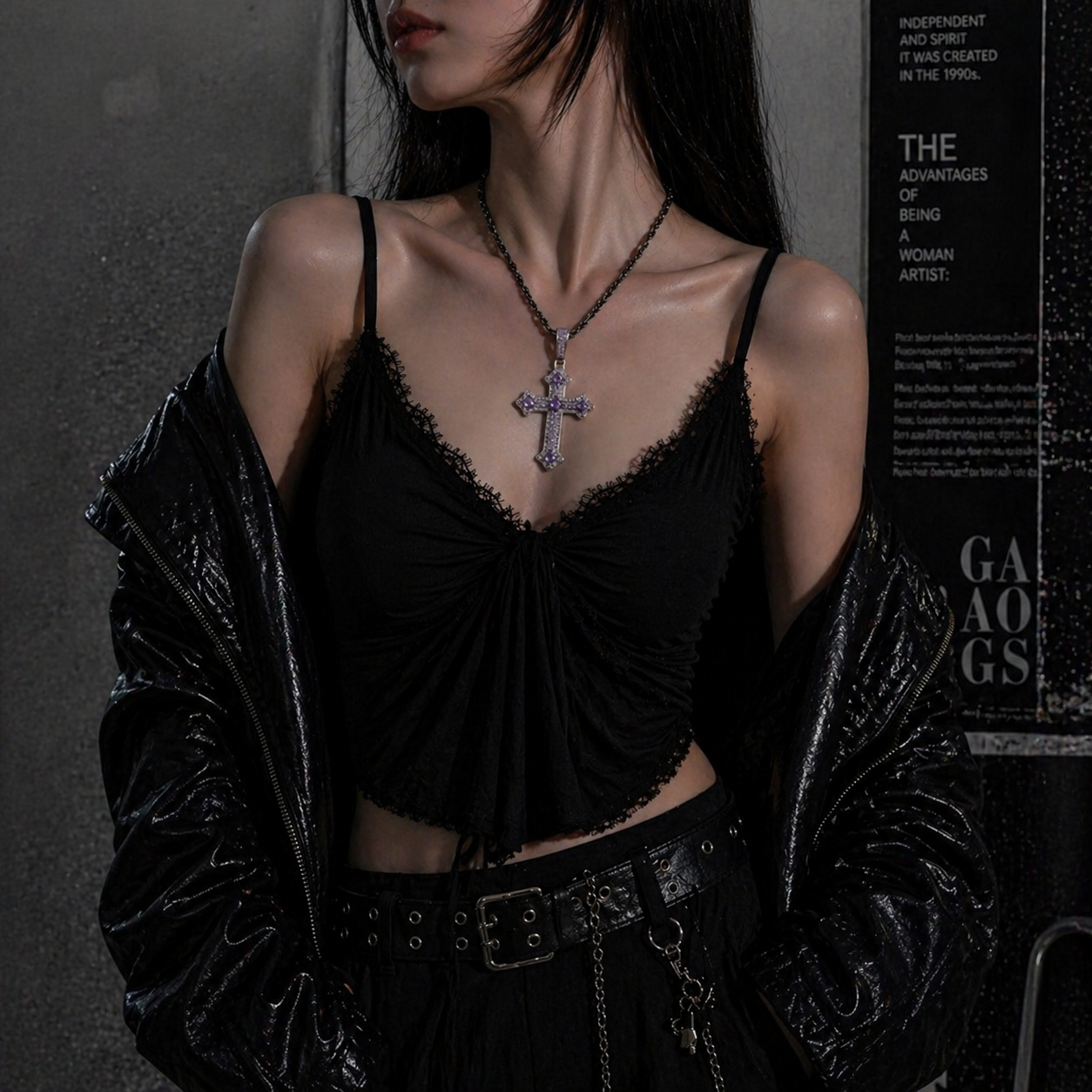 Gothic Cross Necklace on mannequin bust, front view close-up