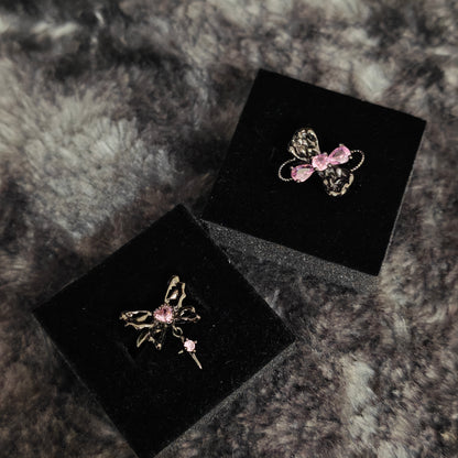 Pink Flutter Duo: Adjustable Butterfly Heart & Crystal Stacking Rings