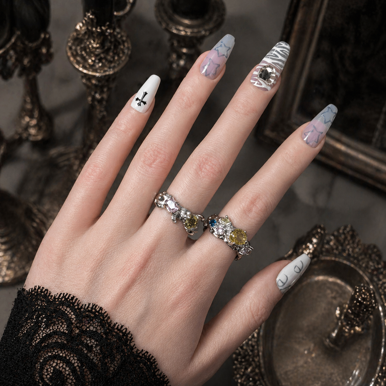 Colorful Zircon Claw Ring in open Aslop Jewelry white gift box, overhead flat view