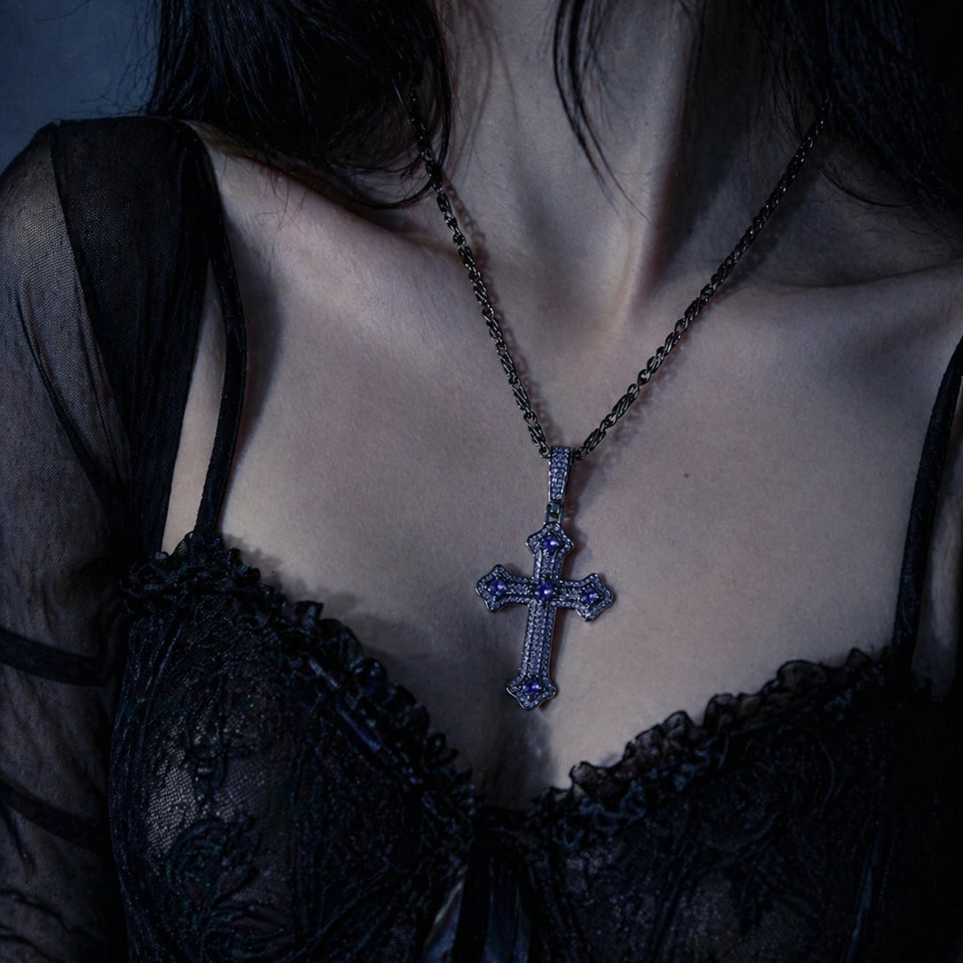 Gothic Cross Necklace on mannequin bust, front view close-up