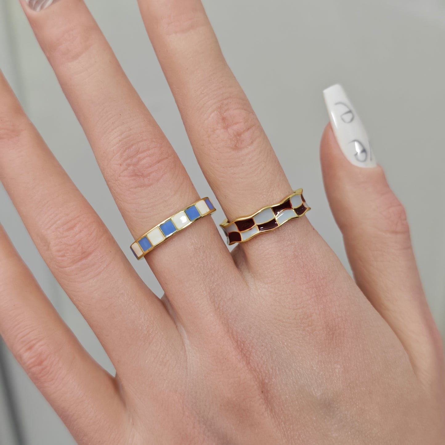 Checkerboard Enamel Band Ring close-up detail view showing silver finish