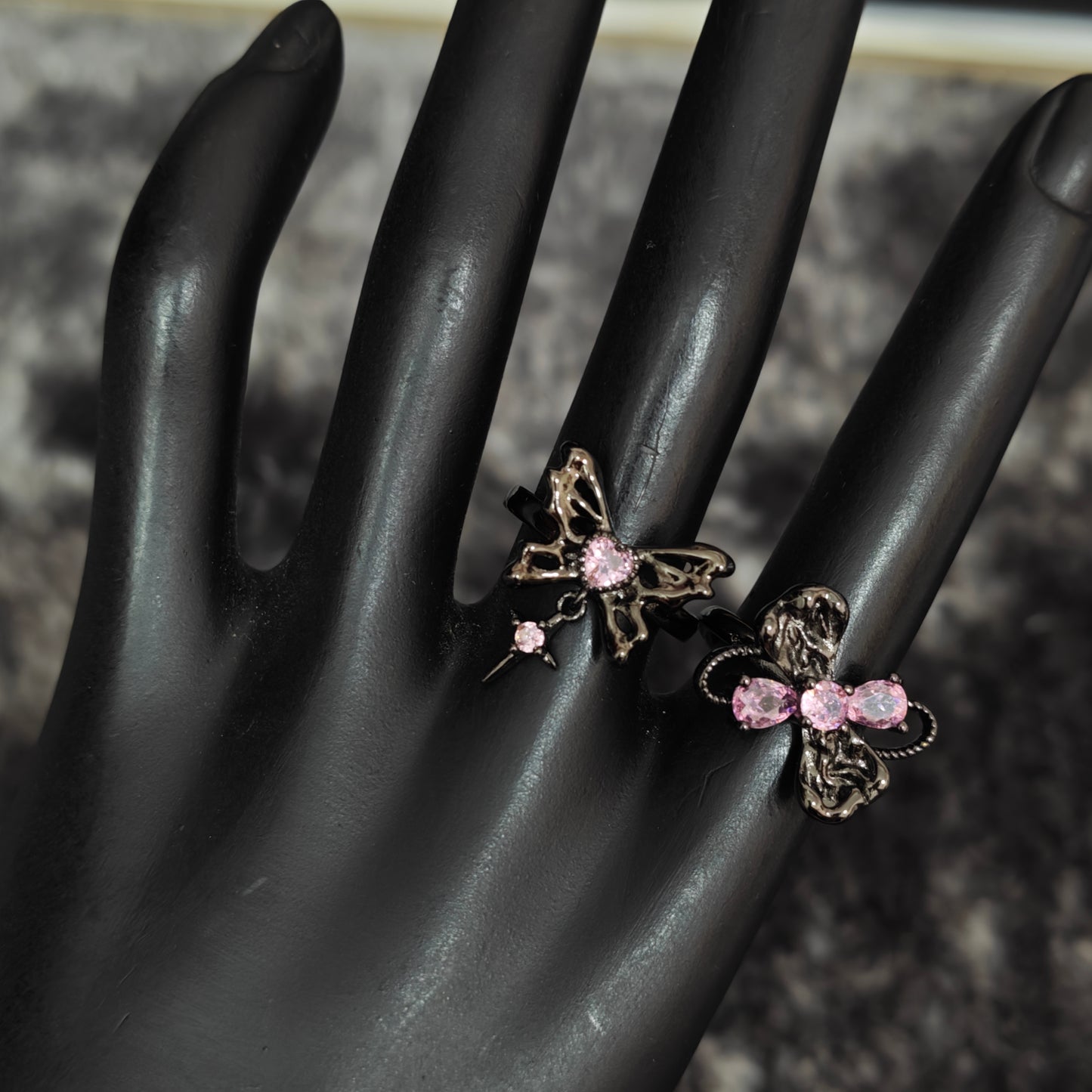 Pink Flutter Duo: Adjustable Butterfly Heart & Crystal Stacking Rings