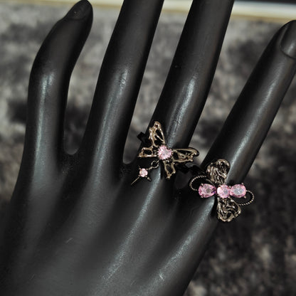 Pink Flutter Duo: Adjustable Butterfly Heart & Crystal Stacking Rings