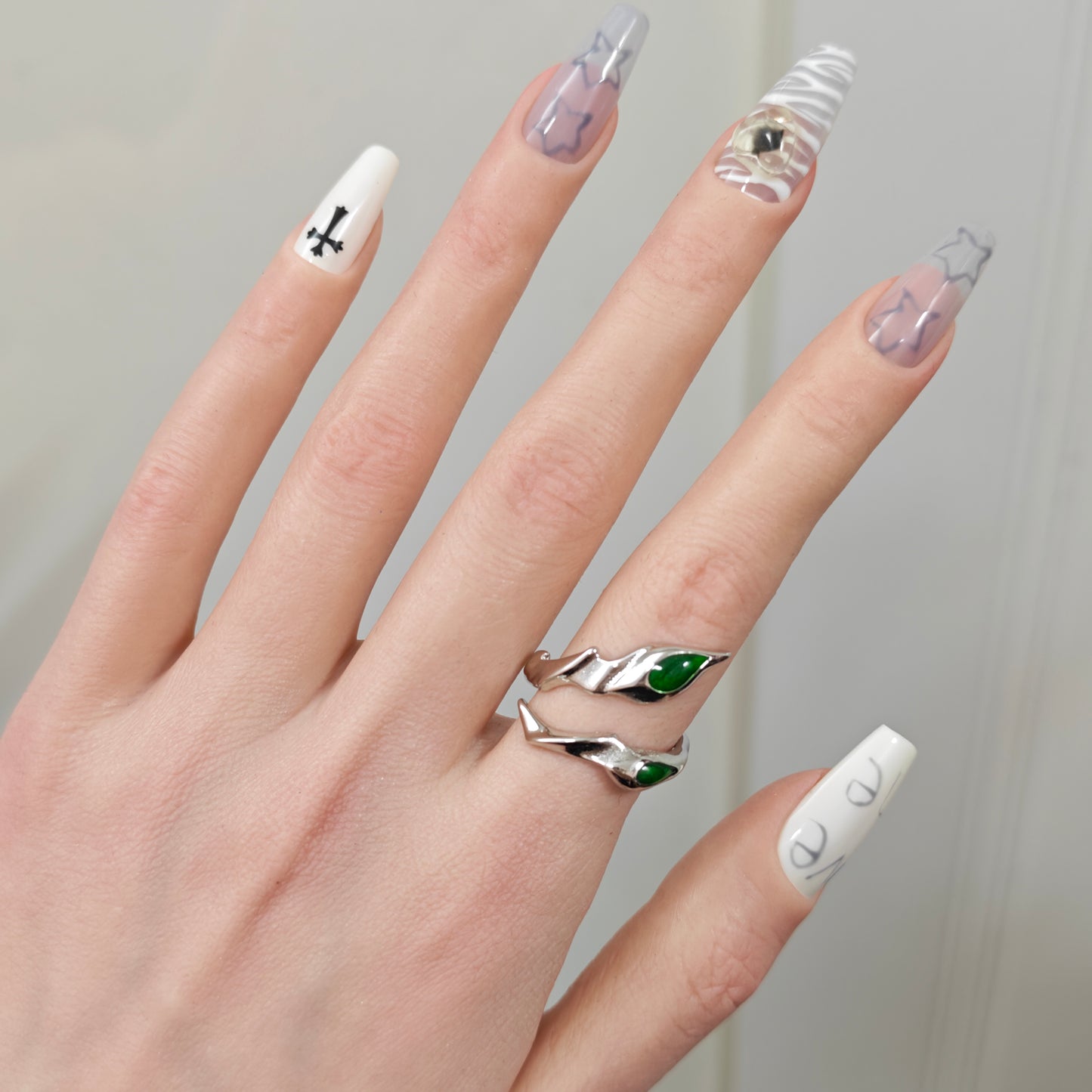 Green Jade Leaf Ring side view detail, alternative dark aesthetic