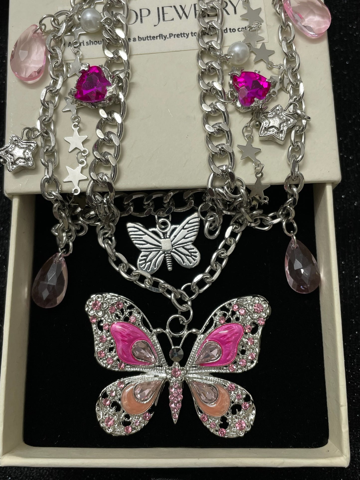 Pink Butterfly Charm Necklace detail view 1, silver red finish Y2K alternative style