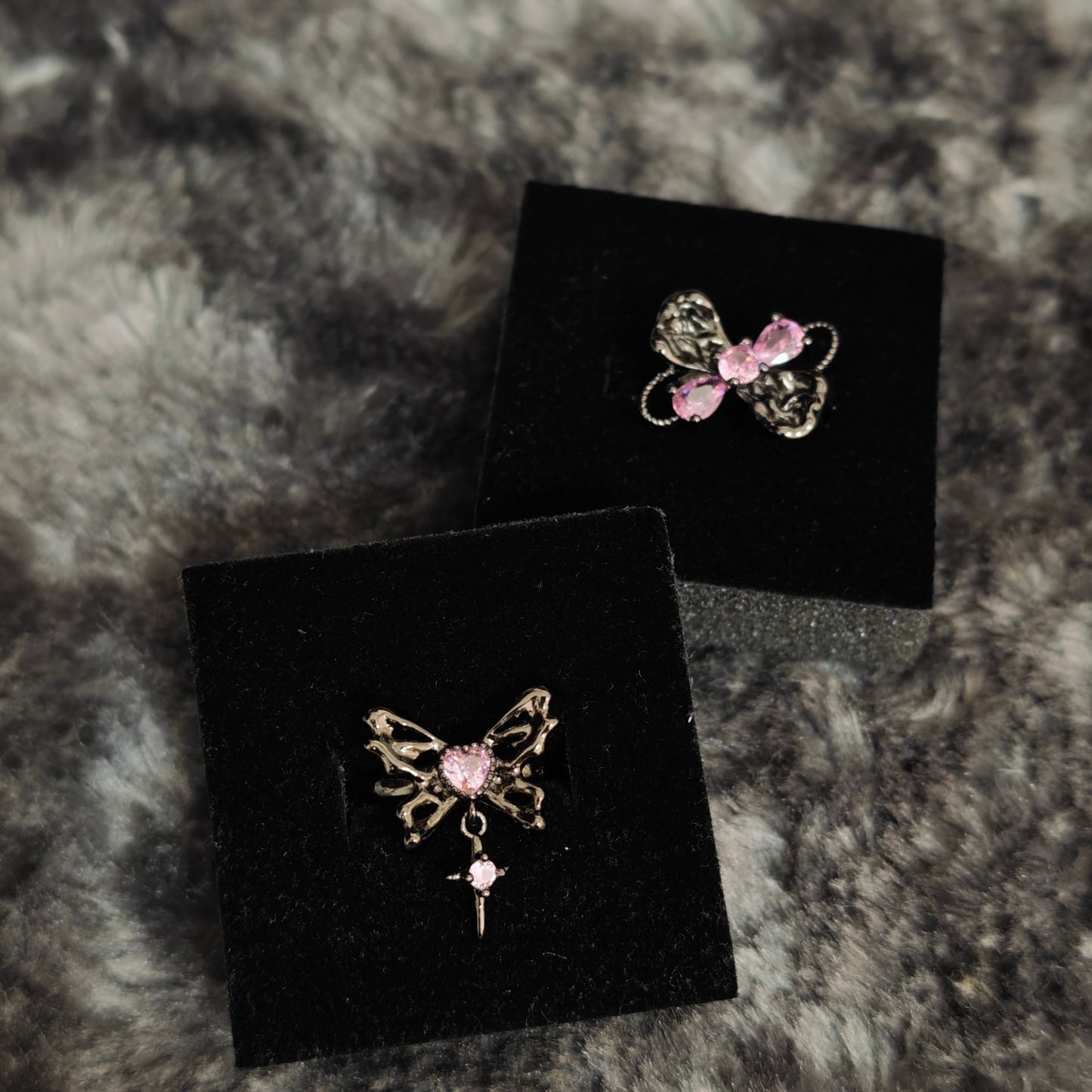 Pink Flutter Duo: Adjustable Butterfly Heart & Crystal Stacking Rings