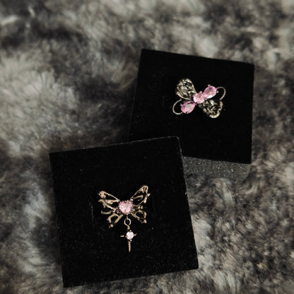 Pink Flutter Duo: Adjustable Butterfly Heart & Crystal Stacking Rings