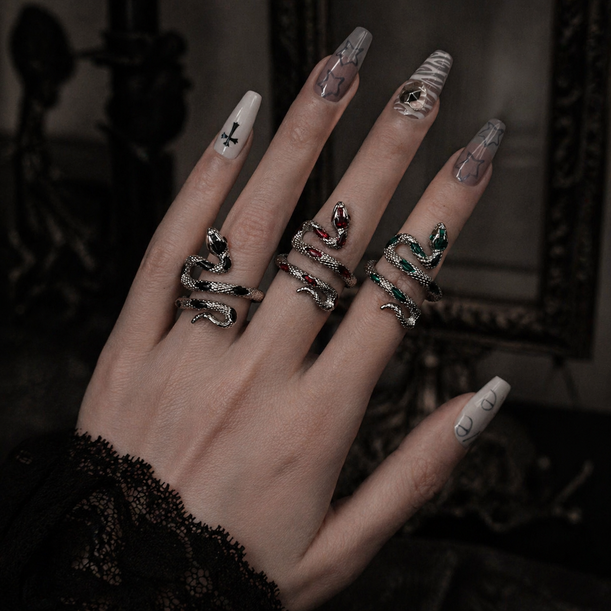 Gothic Snake Ring & Band Set detail view 1, dark finish gothic dark aesthetic