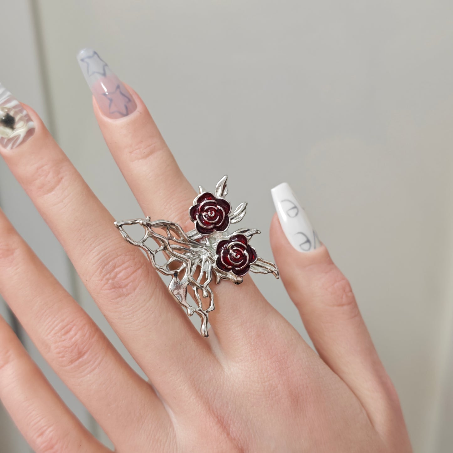 Butterfly Rose Ring detail view 3, silver finish alternative dark aesthetic