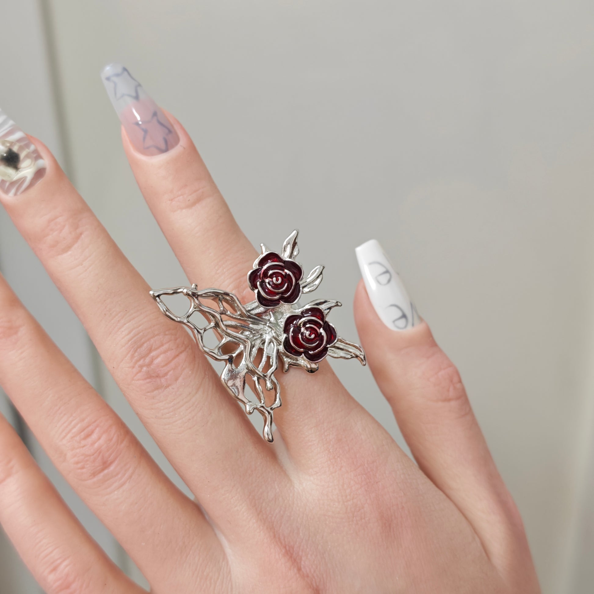 Butterfly Rose Ring detail view 3, silver finish alternative dark aesthetic