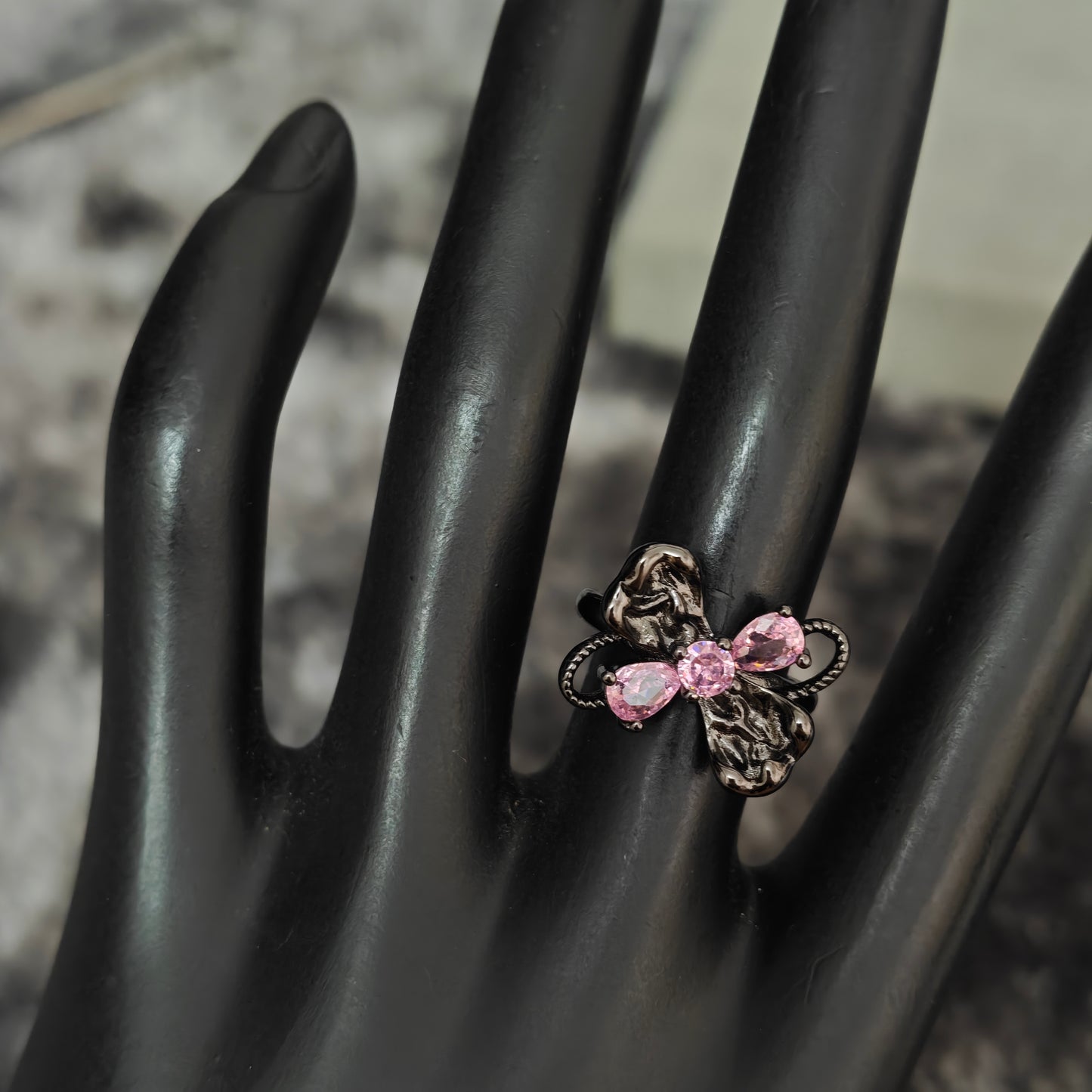 Pink Flutter Duo: Adjustable Butterfly Heart & Crystal Stacking Rings