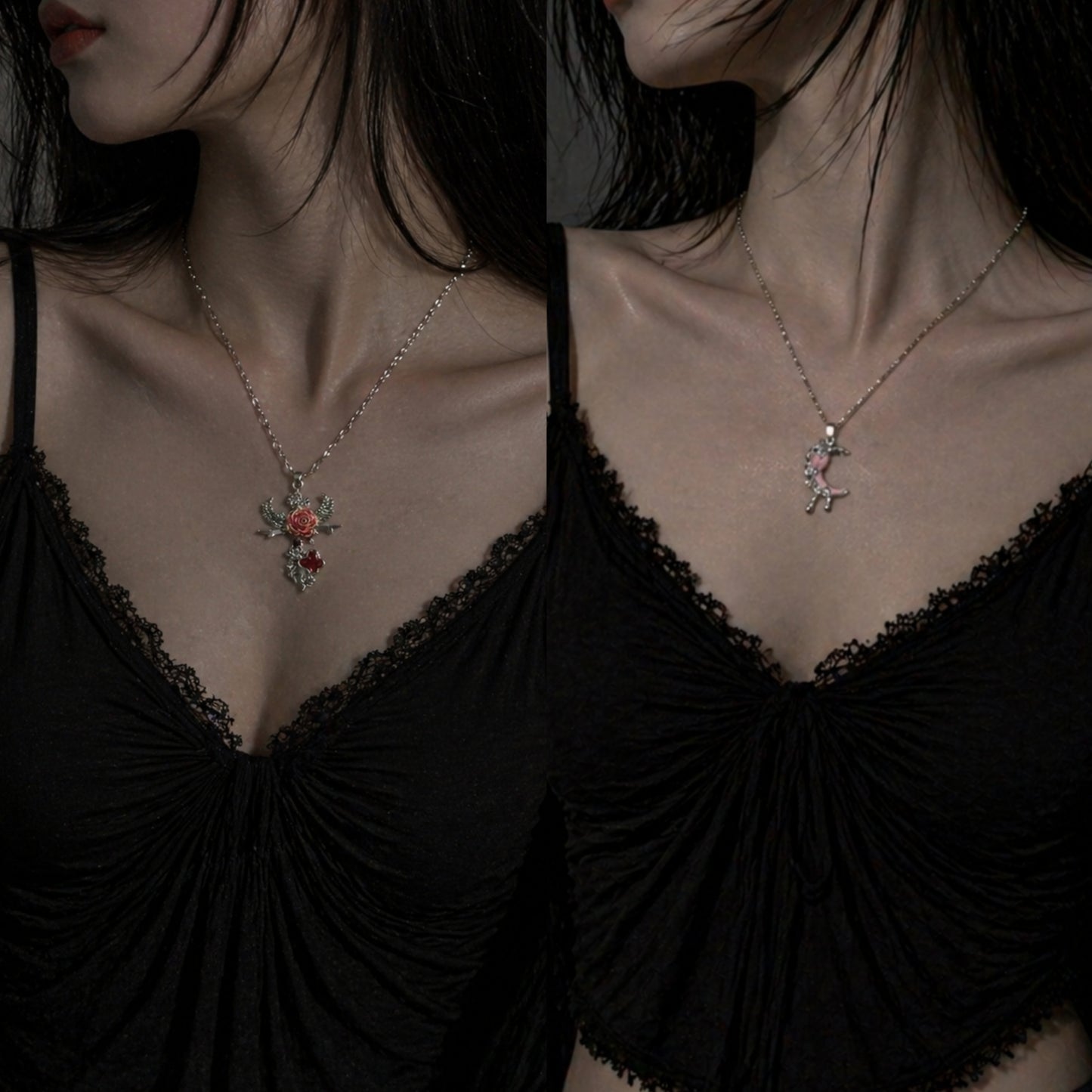 Angel Rose & Pink Crescent Moon Necklace Set worn around neck, dark moody background – Aslop Treasure