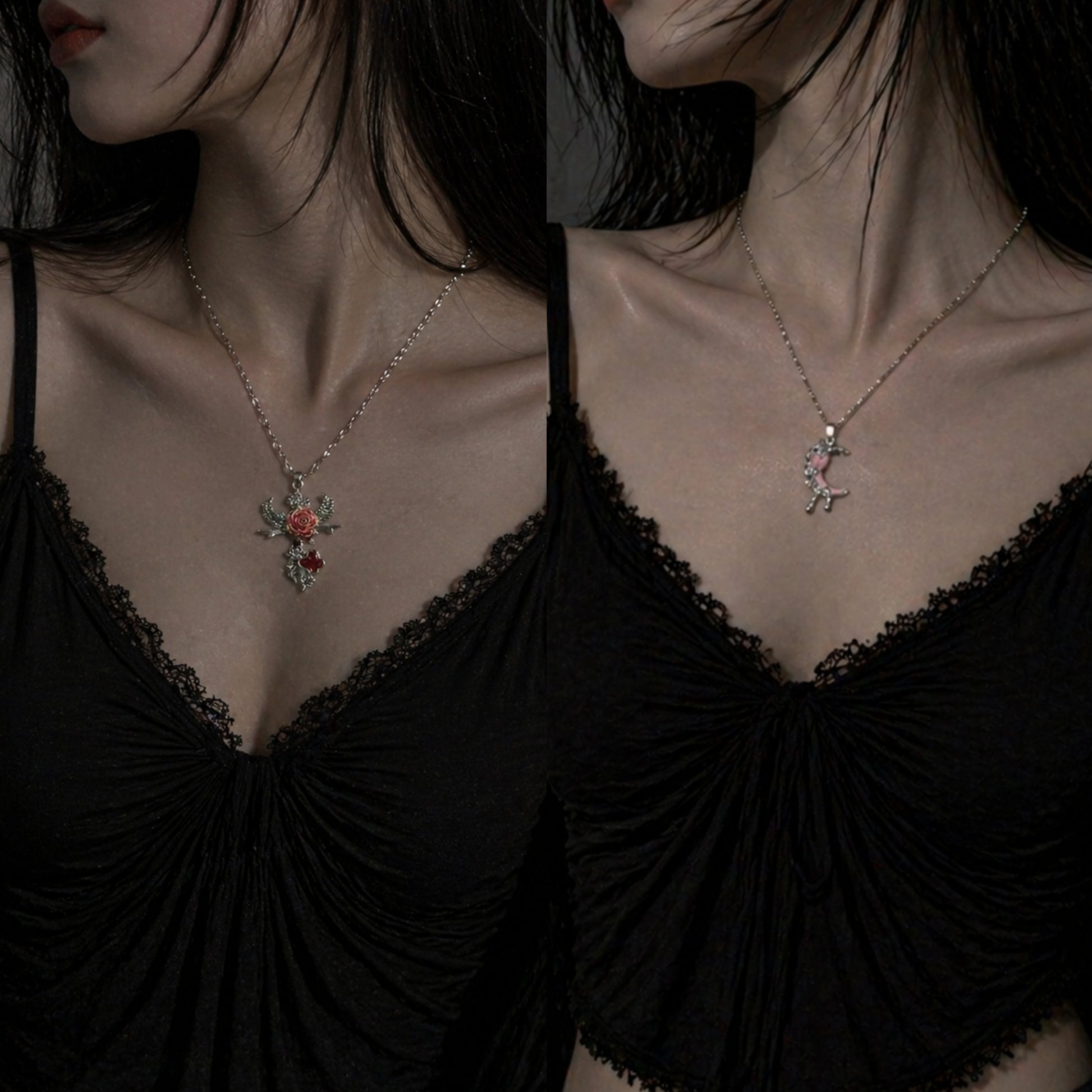 Angel Rose & Pink Crescent Moon Necklace Set worn around neck, dark moody background – Aslop Treasure
