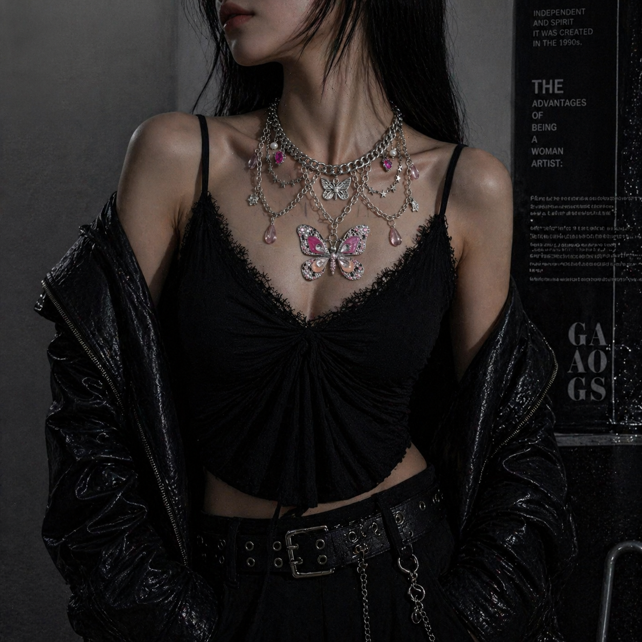 Pink Butterfly Charm Necklace worn around neck, dark moody background – Aslop Treasure