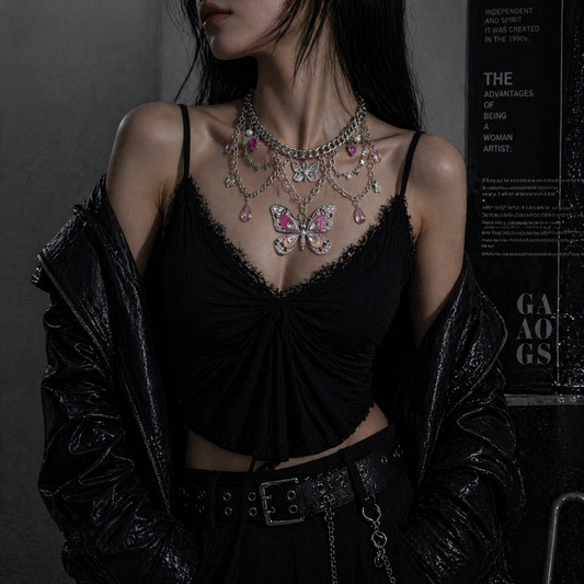 Pink Butterfly Charm Necklace worn around neck, dark moody background – Aslop Treasure