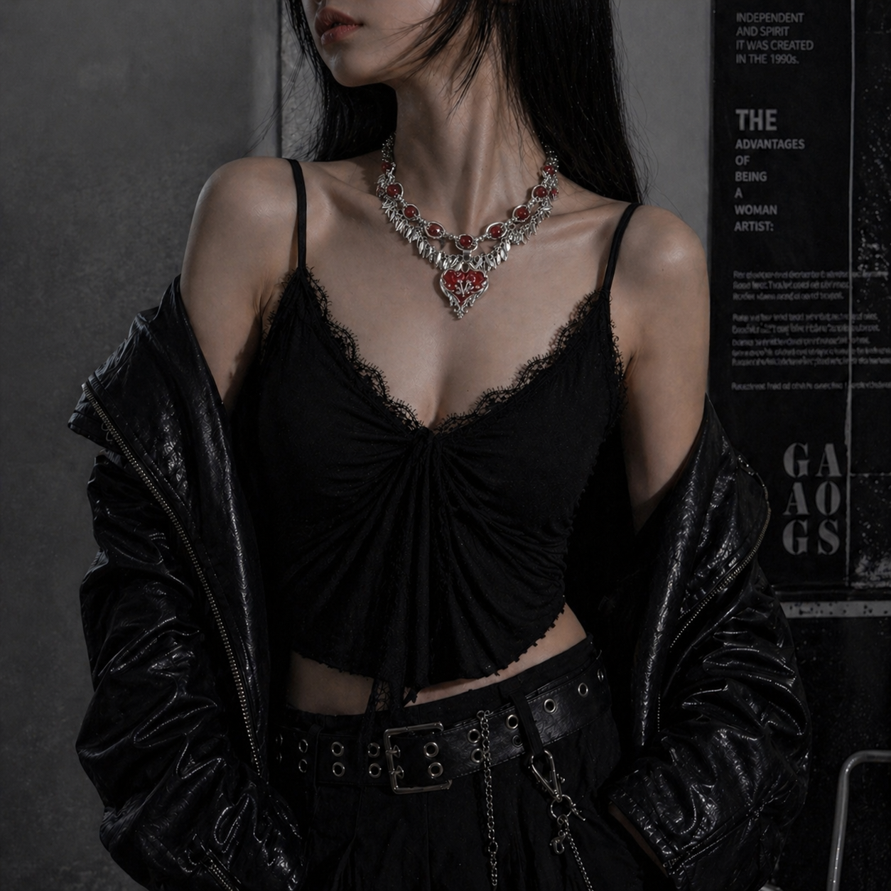 Dark Romance Rose Heart Necklace worn around neck, dark moody background – Aslop Treasure