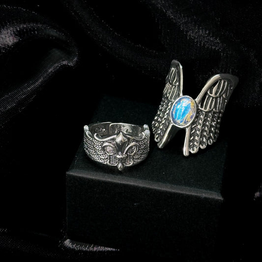 Guardian of the Dark Fallen Angel Wing Ring Set on black mannequin hand, front view close-up