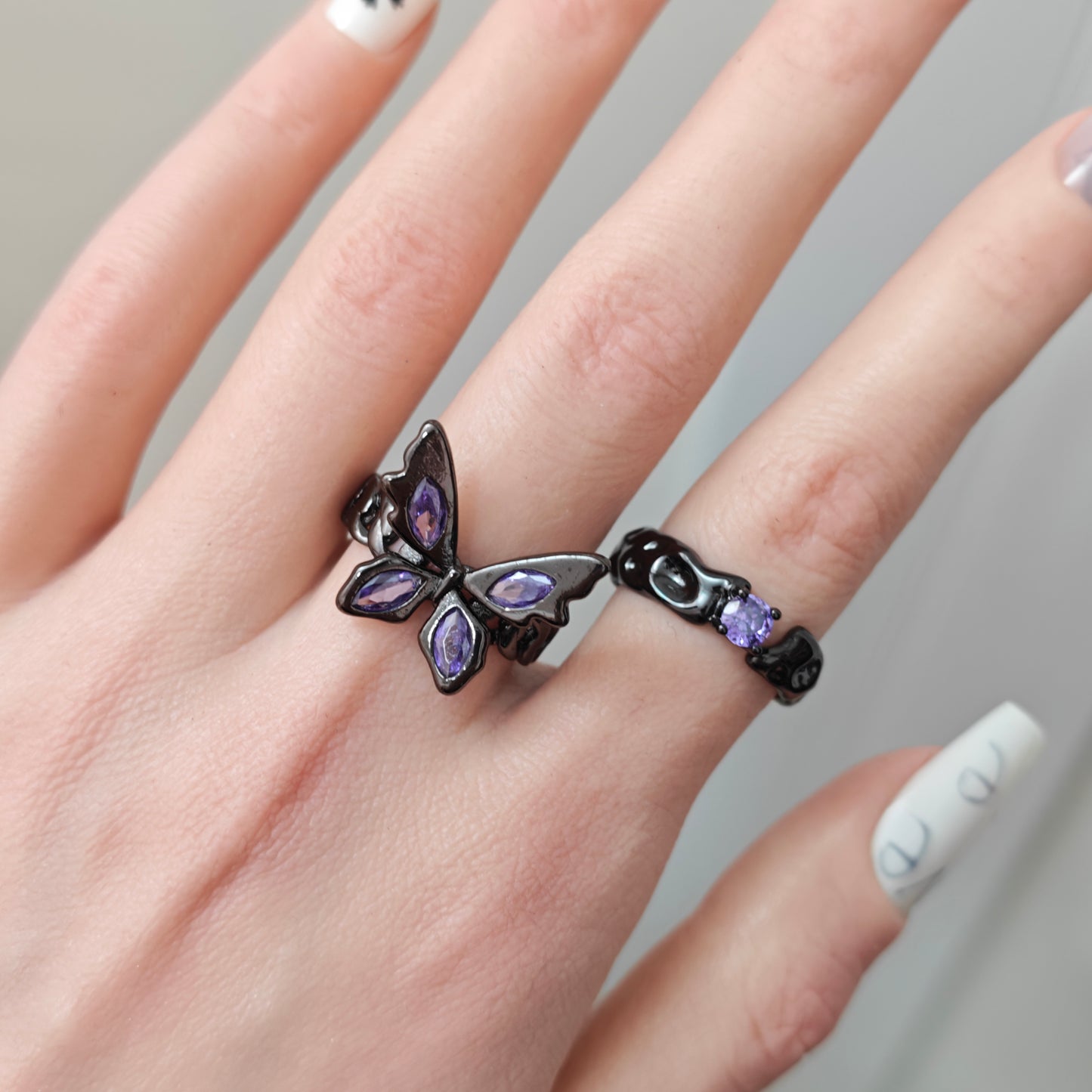 Gothic Purple Butterfly Adjustable Ring in open Aslop Jewelry white gift box, overhead flat view