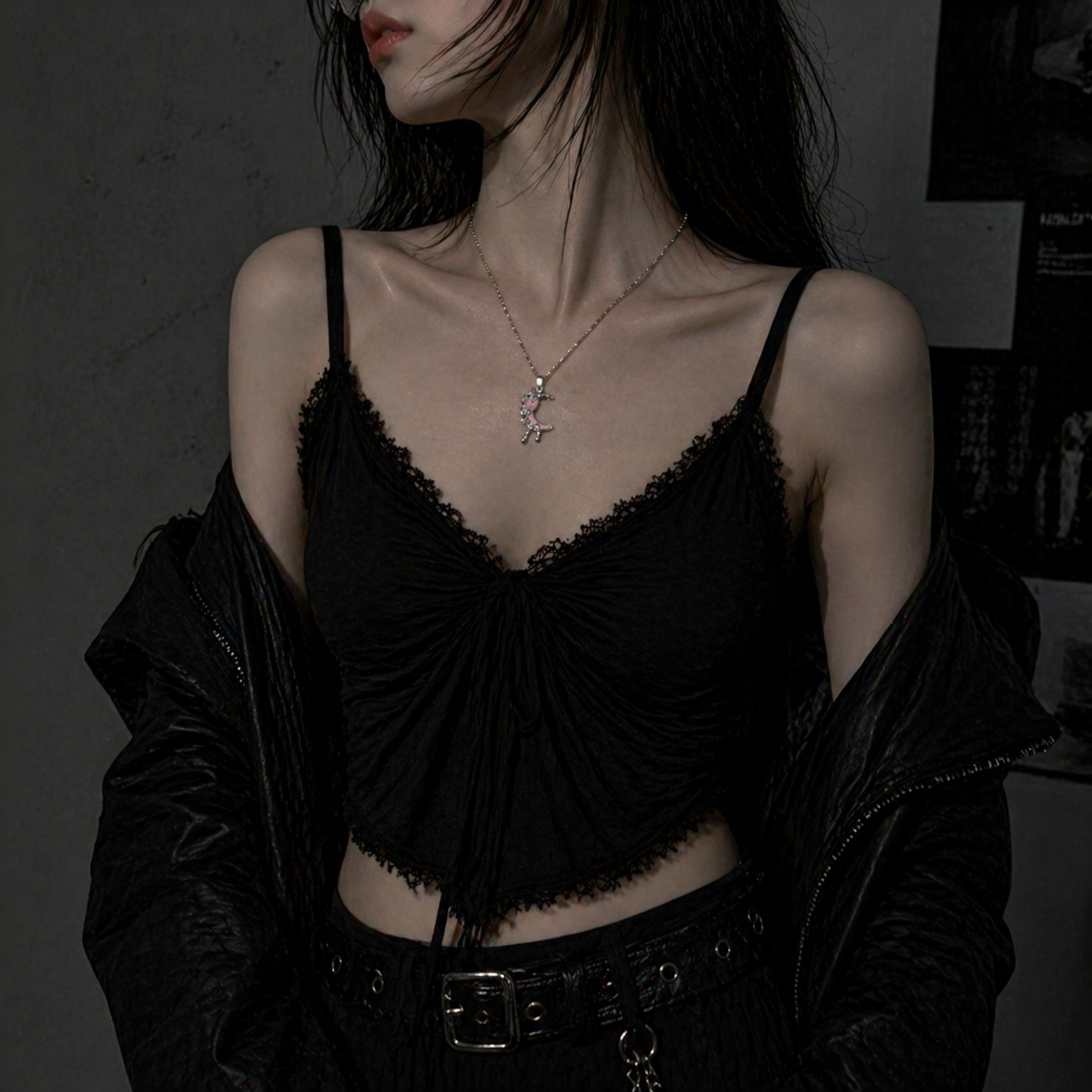 Angel Rose & Pink Crescent Moon Necklace Set in open black velvet jewelry box, angled view